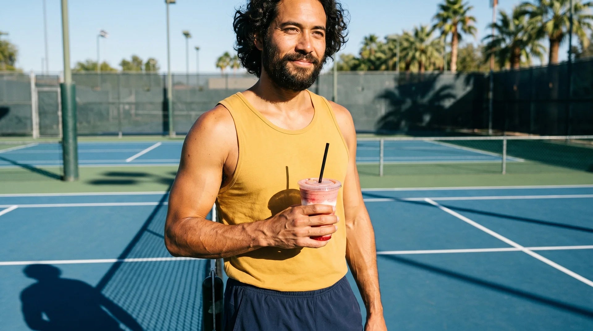 Man holding a drink on a tennis court with palm trees in the background