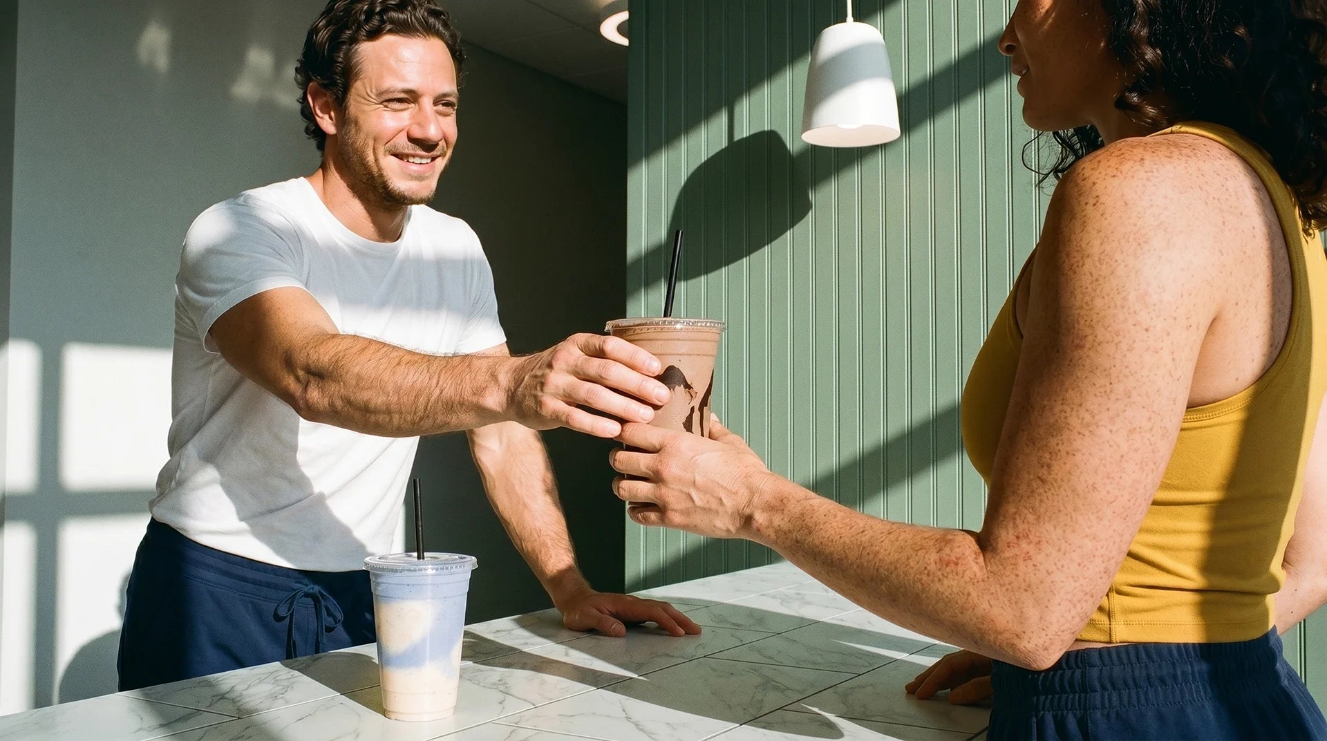 Two people sharing a smoothie, one person handing a cup to the other.